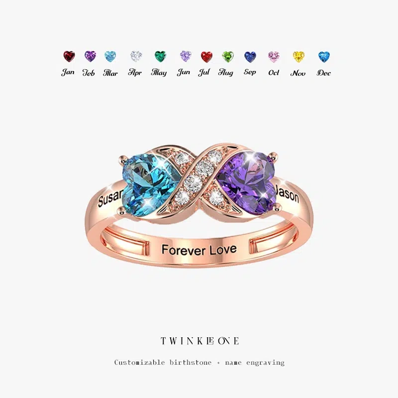 Personalized Heart Birthstone Ring | Custom Engraved Names | Gift for Mother's Day & Valentine's Day