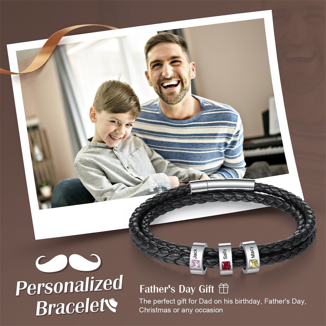 Customizable woven bracelet with different birthstones and name engraving - a perfect gift for fathers