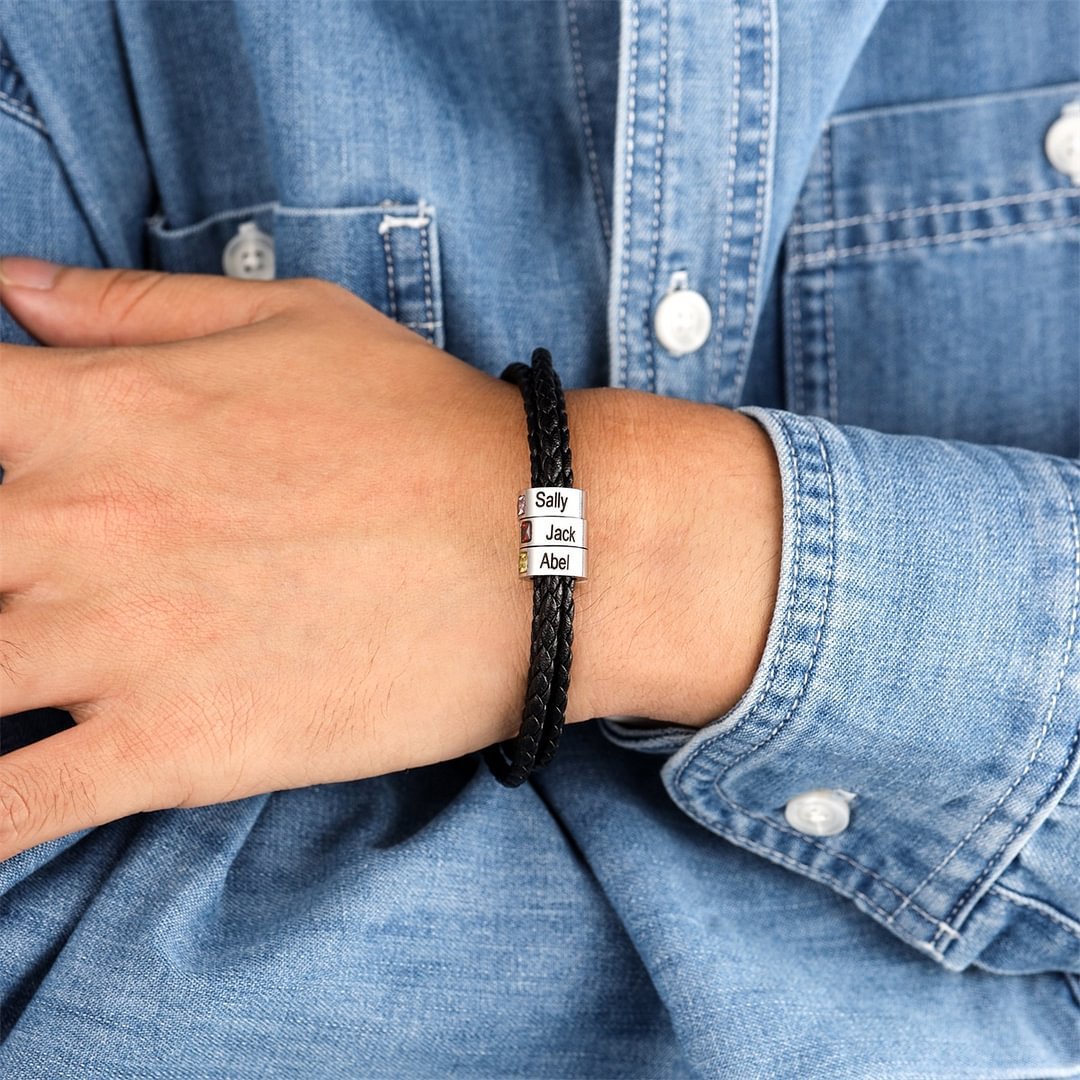Customizable woven bracelet with different birthstones and name engraving - a perfect gift for fathers