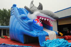 commercial movable large above ground metal frame swimming pools with big shark inflatable water slides for sale