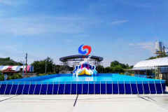 commercial movable large above ground metal frame swimming pools with big shark inflatable water slides for sale