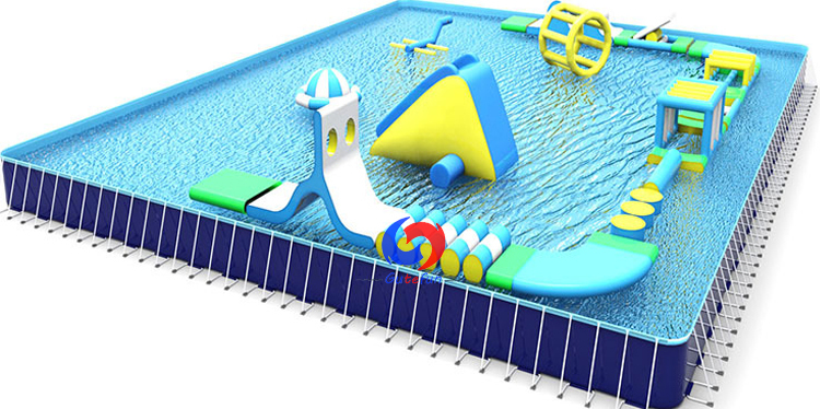 Large mobile above ground 25m*18m*1.5m rectangular swimming pool with floating inflatable water park