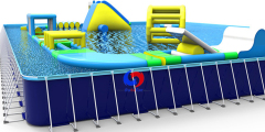 Large mobile above ground 25m*18m*1.5m rectangular swimming pool with floating inflatable water park