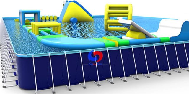 Large mobile above ground 25m*18m*1.5m rectangular swimming pool with floating inflatable water park