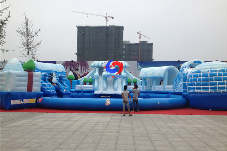 snow winter theme outdoor large above ground portable commercial ice world inflatable water park for all ages