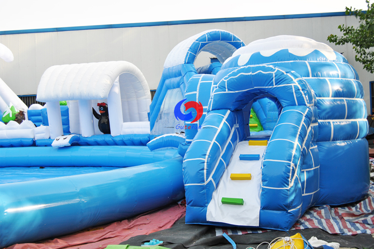 snow winter theme outdoor large above ground portable commercial ice world inflatable water park for all ages