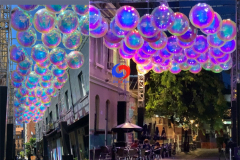 commercial use CBD outdoor ceiling display deco rainbow big shiny pearl mirror spheres balls iridescent & clear balloons 