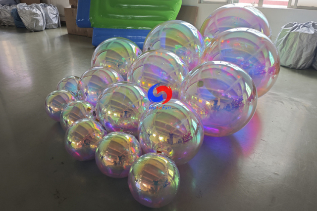 Large gold iridescent pvc balls every size big shiny pearl rainbow metallic spheres