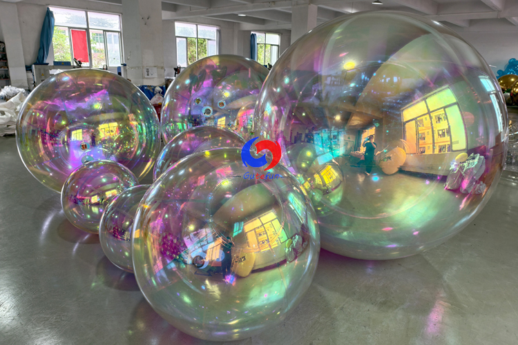 Flame retardant giant decor iridescent pvc mirror balls pearl rainbow big shiny metallic spheres