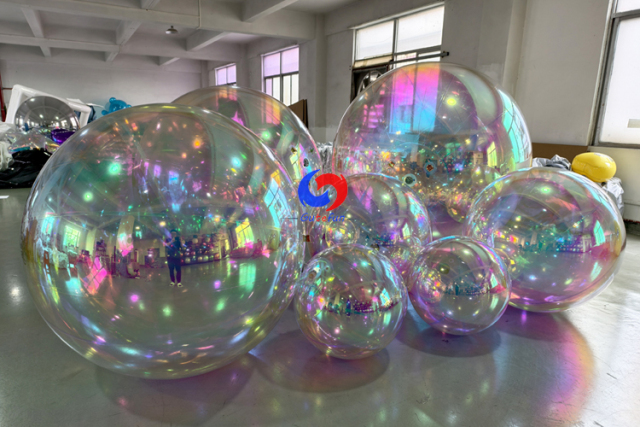 Flame retardant giant decor iridescent pvc mirror balls pearl rainbow big shiny metallic spheres