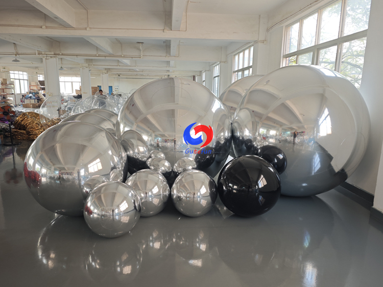 Modern wedding & brand launch events backdrop Stunning Silver & Black Inflatable Mirror Balls