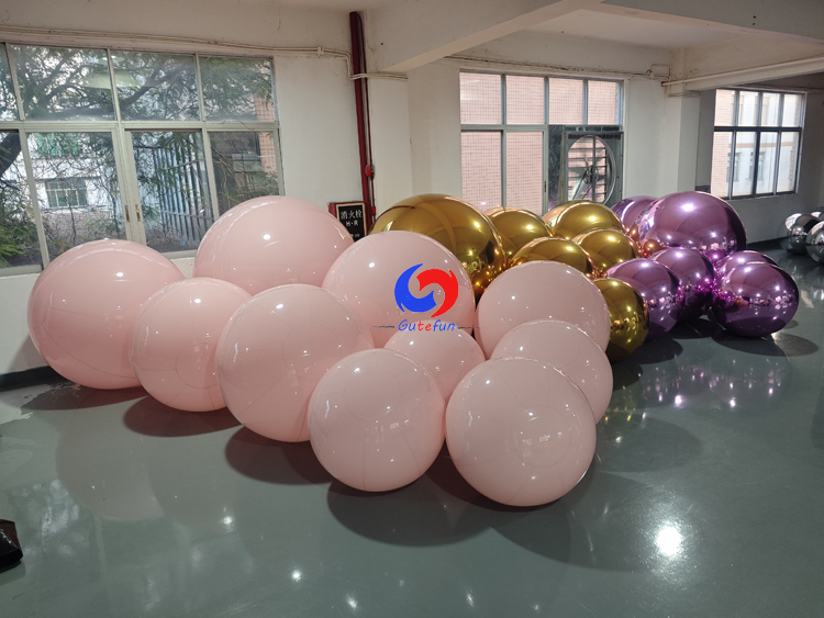 Matte Blush Pink, Metallic Gold & Metallic Purple inflatable decorative spheres for event installations