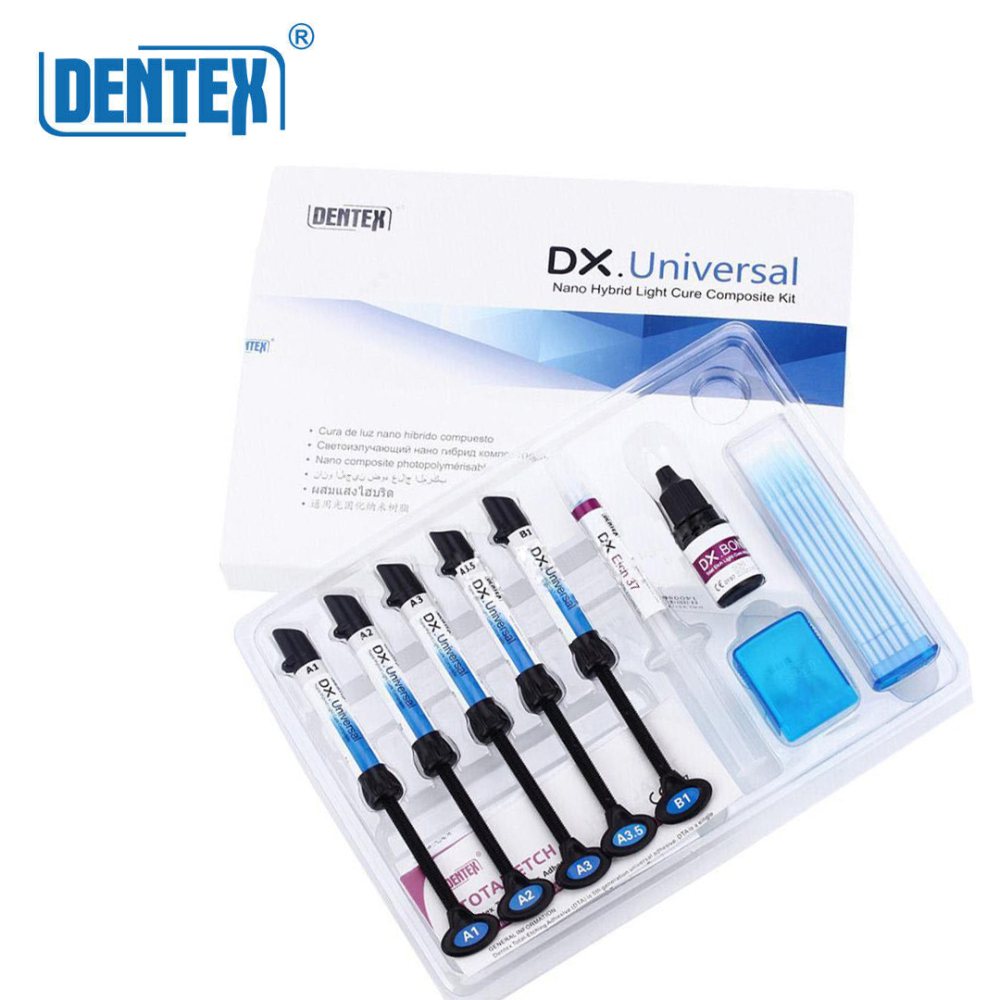 DENTEX DX.Universal Dental Light Cure Composite Resin Kit Shade Etching Gel Adhesive