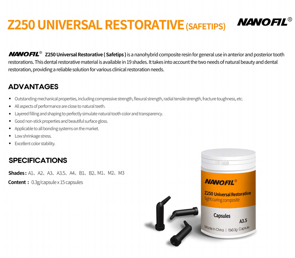 Nanofil Z250 Dental Universal Restorative Capsules Light Curing Composite（0.3g*15pcs Safetips)