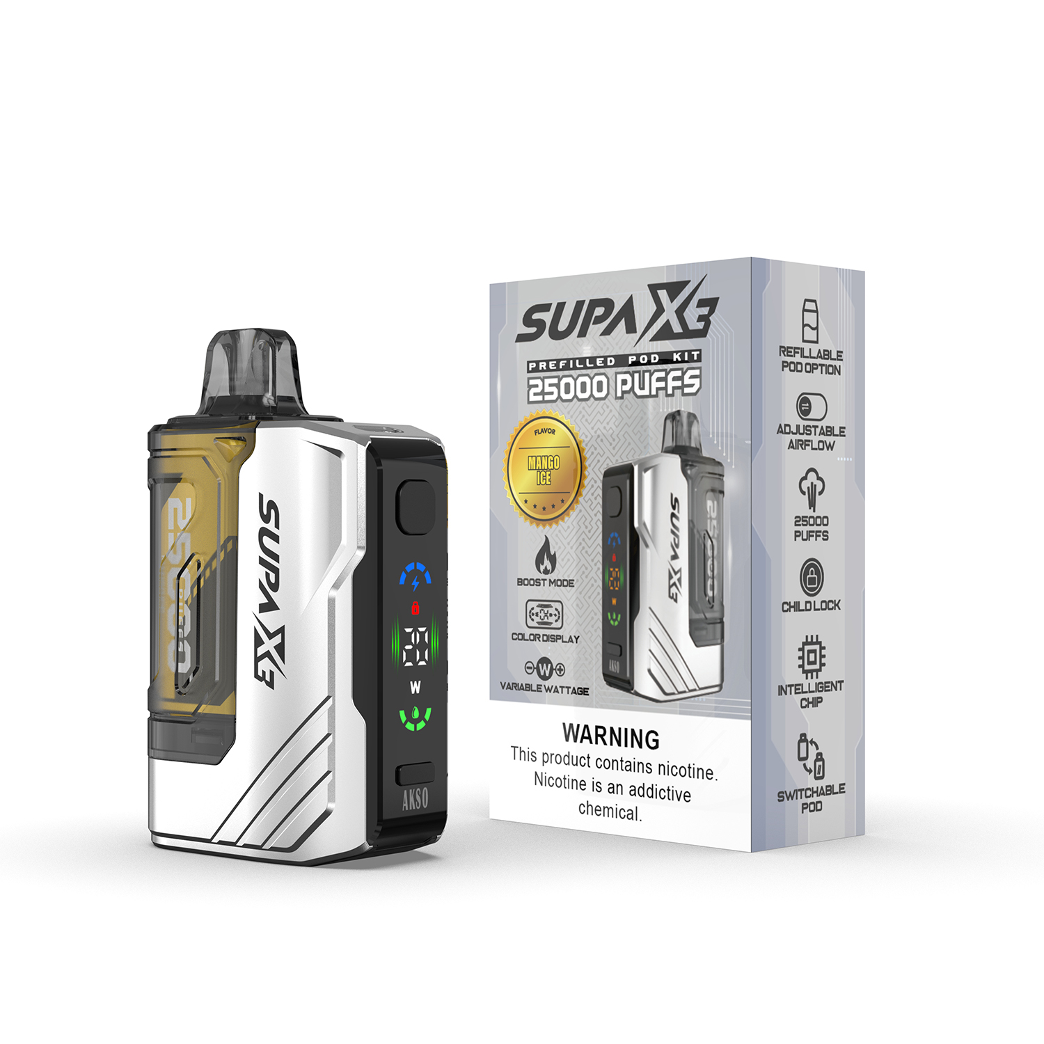 Akso Supa X3 Pod System Vape Kit 25k Puffs 20/30/50mg (CN Warehouse)