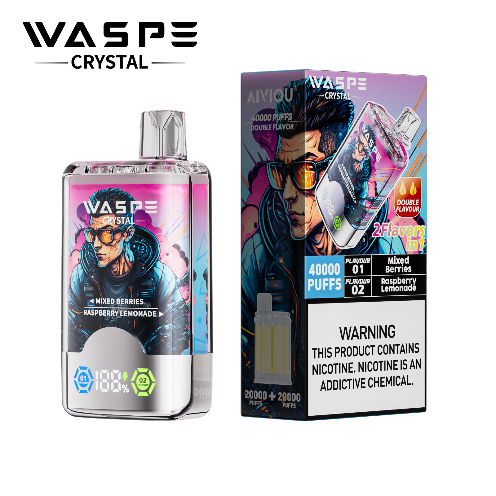 Waspe Crystal 2 in 1 Disposable Vape 40k Puffs 0mg/20mg/50mg (CN Warehouse)