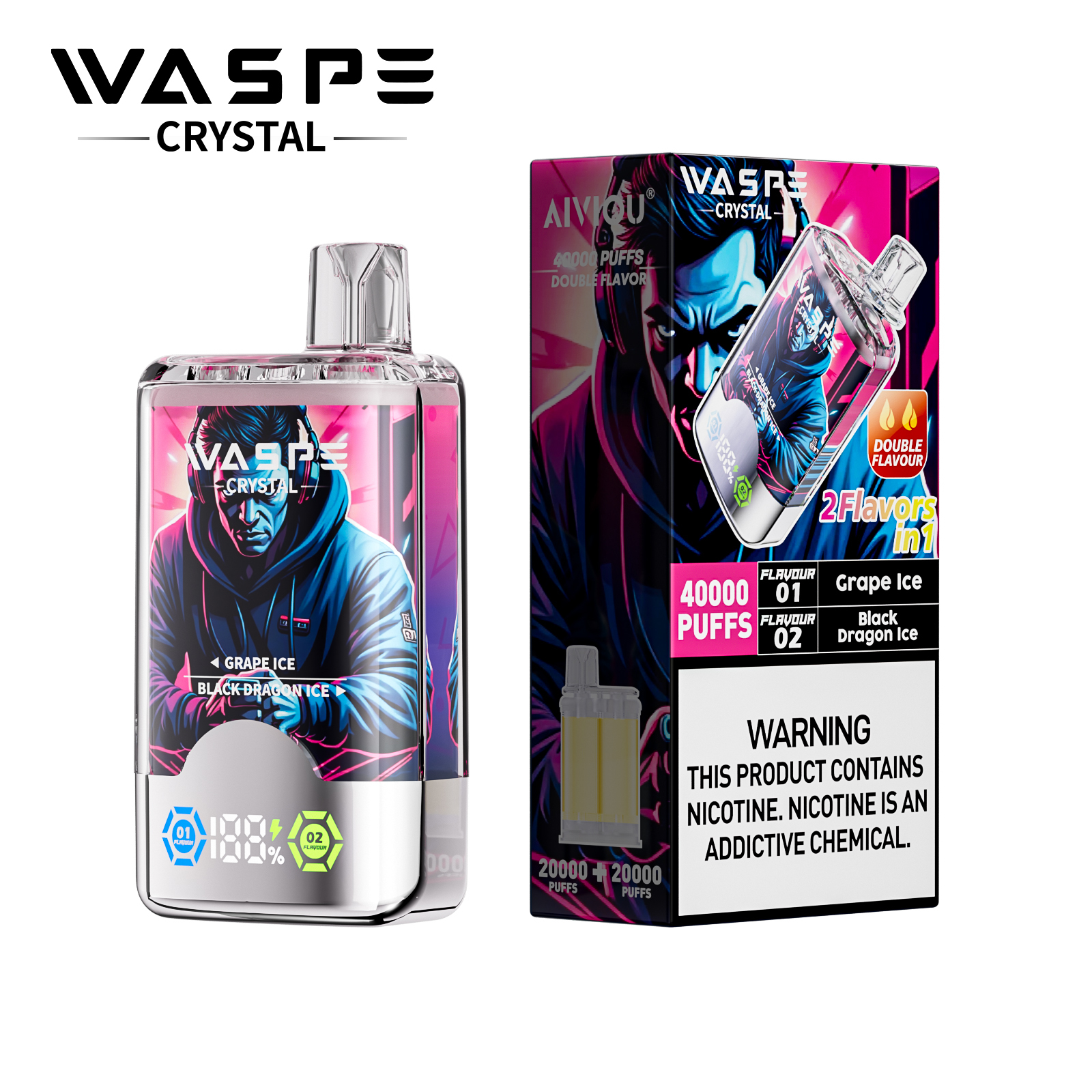 Waspe Crystal 2 in 1 Disposable Vape 40k Puffs 0mg/20mg/50mg (CN Warehouse)