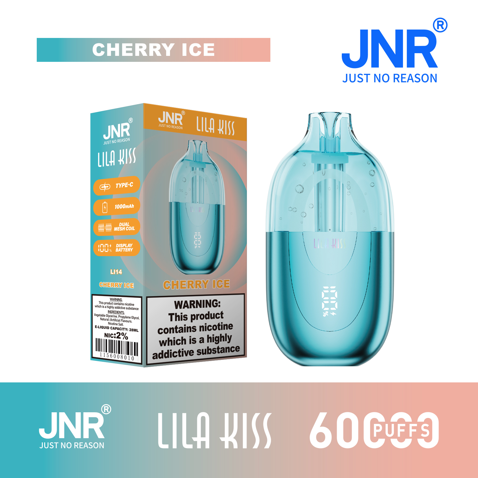 JNR Lila Kiss 60K Puffs RGB Light Disposable Vape (CN Warehouse)