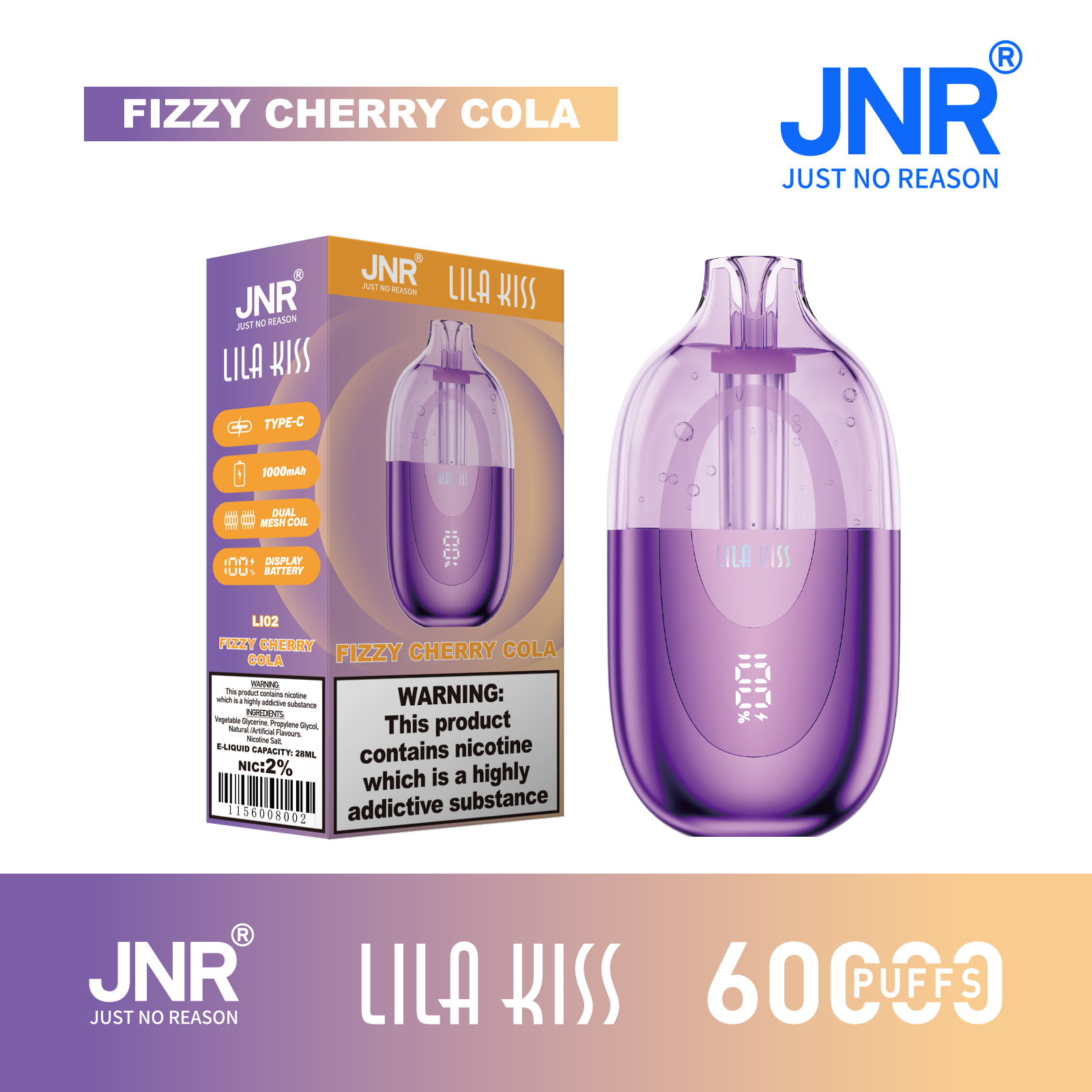 JNR Lila Kiss 60K Puffs RGB Light Disposable Vape (CN Warehouse)
