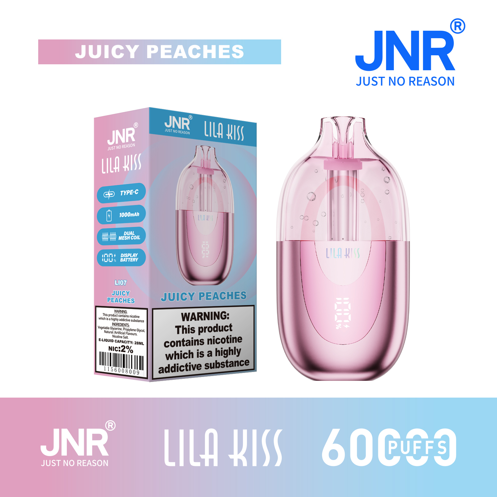 JNR Lila Kiss 60K Puffs RGB Light Disposable Vape (CN Warehouse)