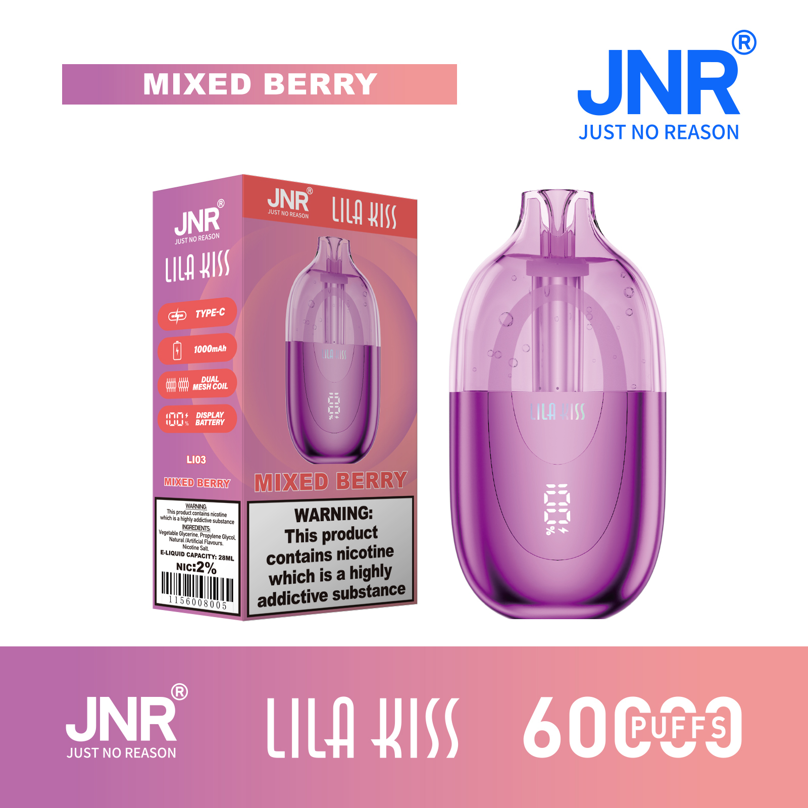 JNR Lila Kiss 60K Puffs RGB Light Disposable Vape (CN Warehouse)