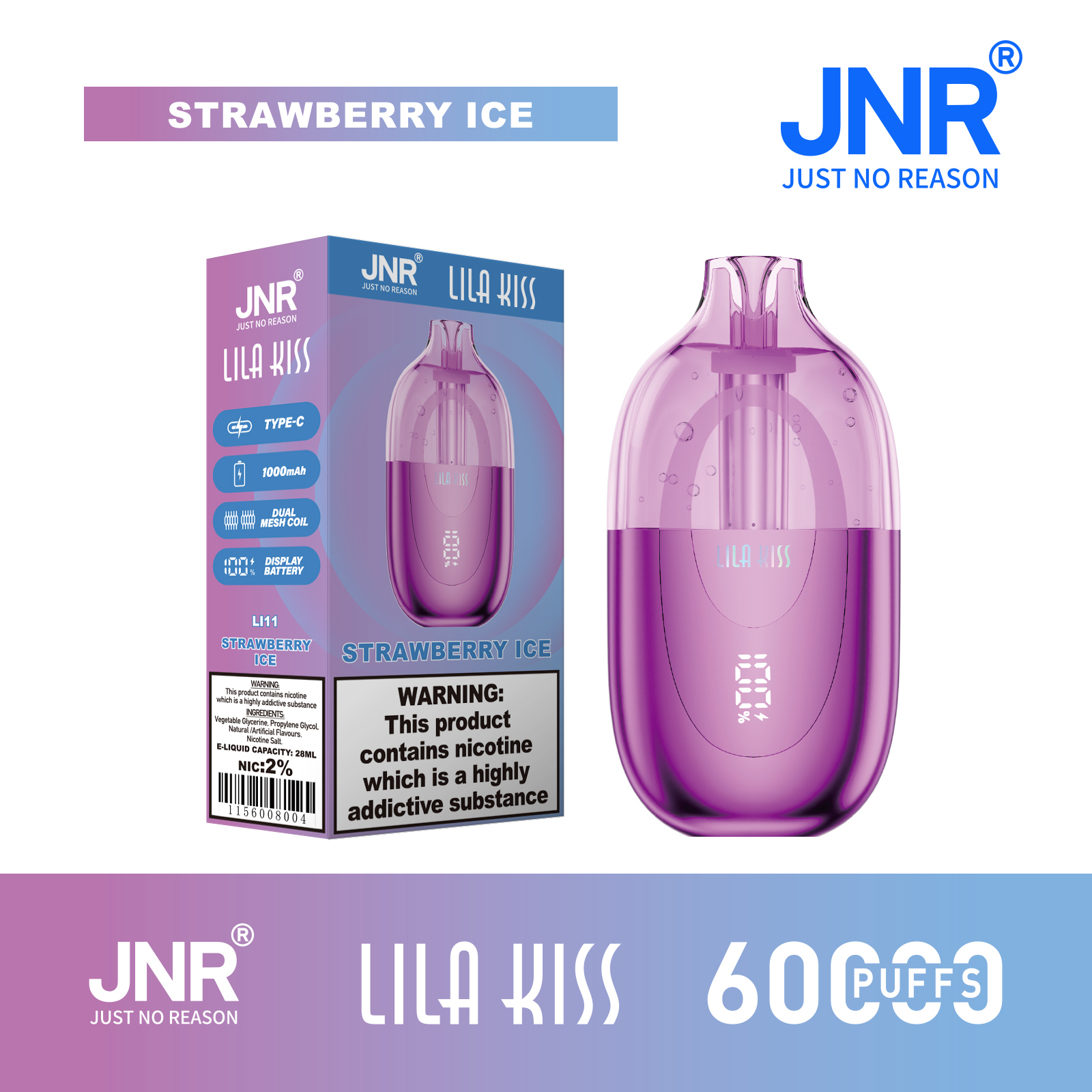 JNR Lila Kiss 60K Puffs RGB Light Disposable Vape (CN Warehouse)