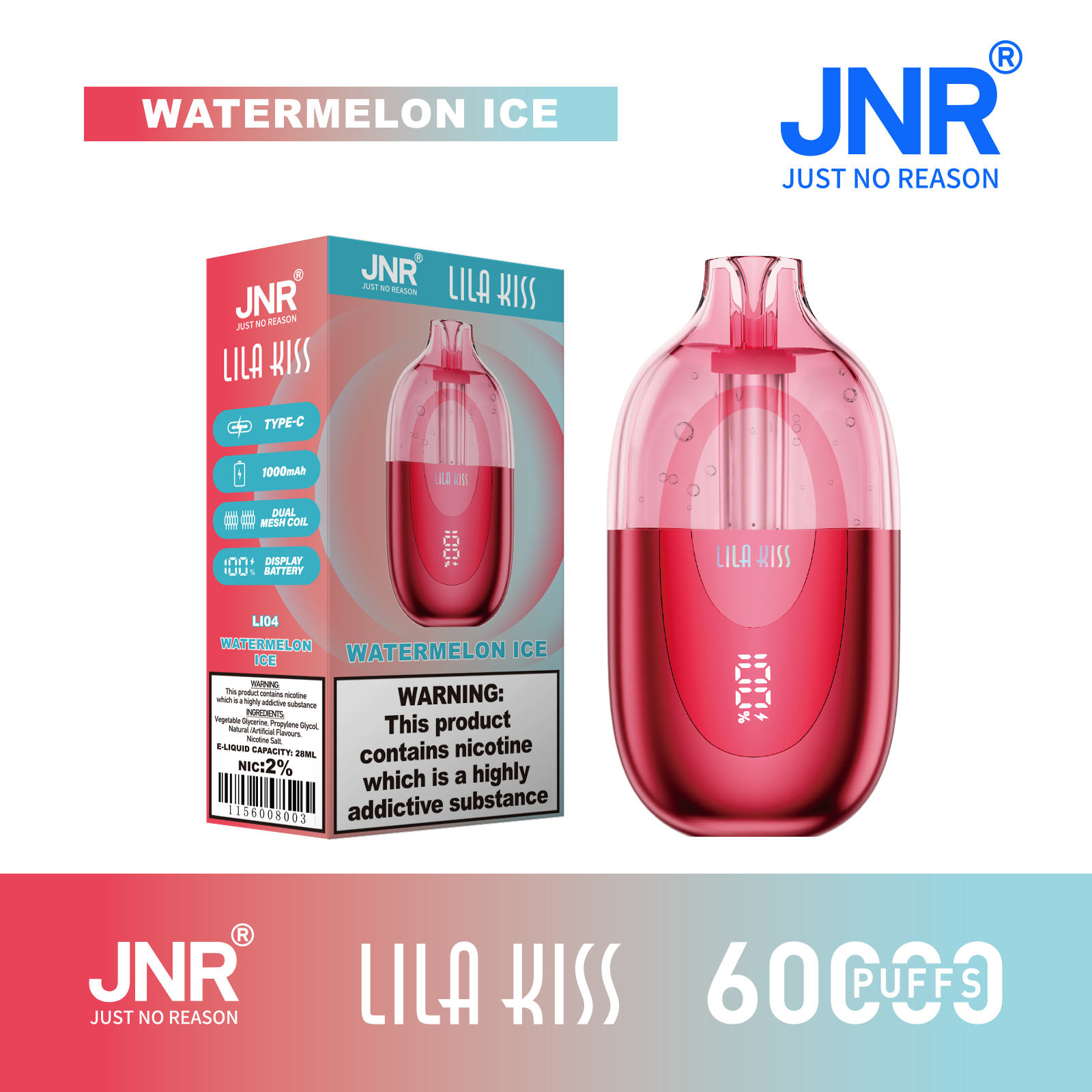 JNR Lila Kiss 60K Puffs RGB Light Disposable Vape (CN Warehouse)