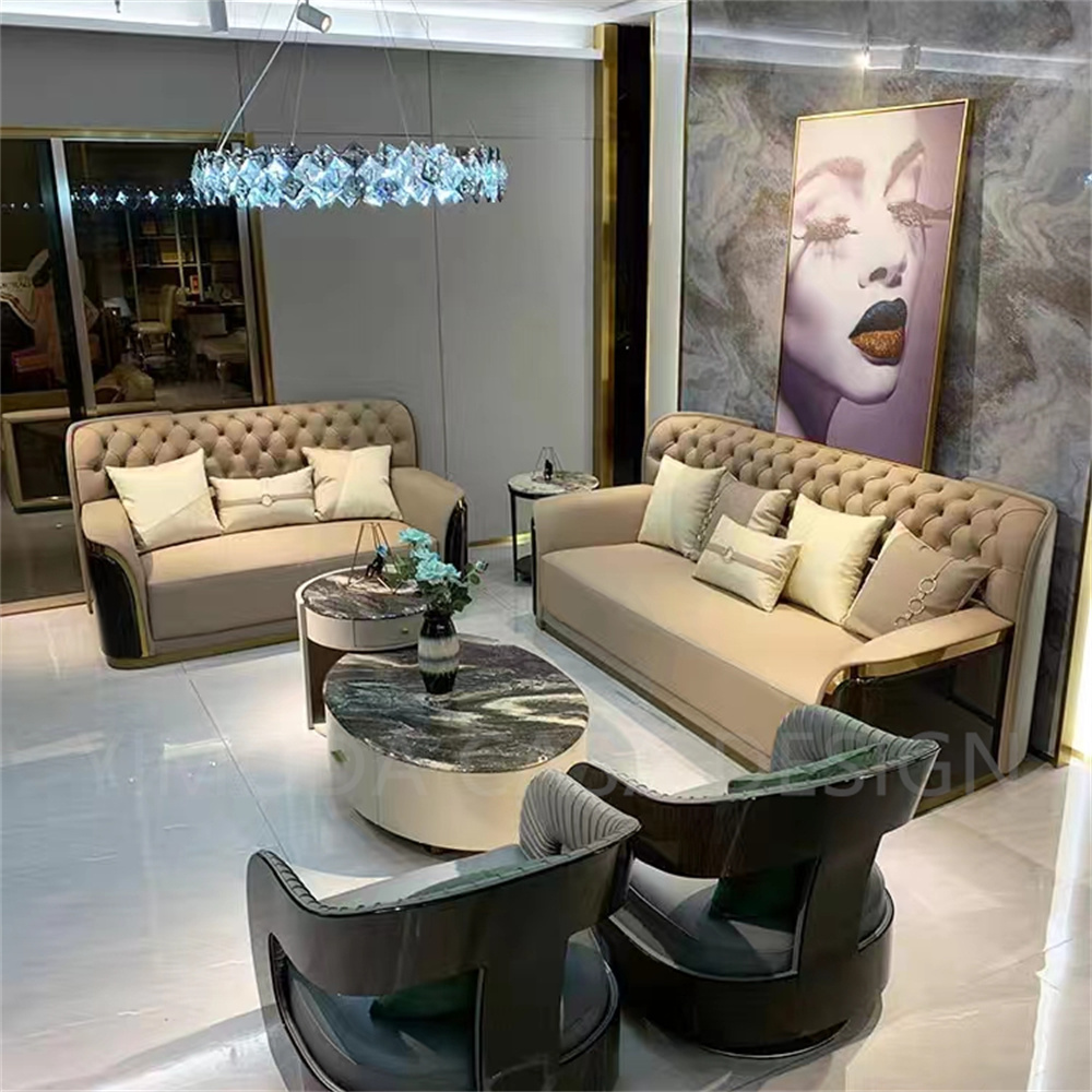 Luxury Beige Leather Highback tufted leather Sofa Furniture Italian Modern Wood Frame Tufted nappa leather sofa