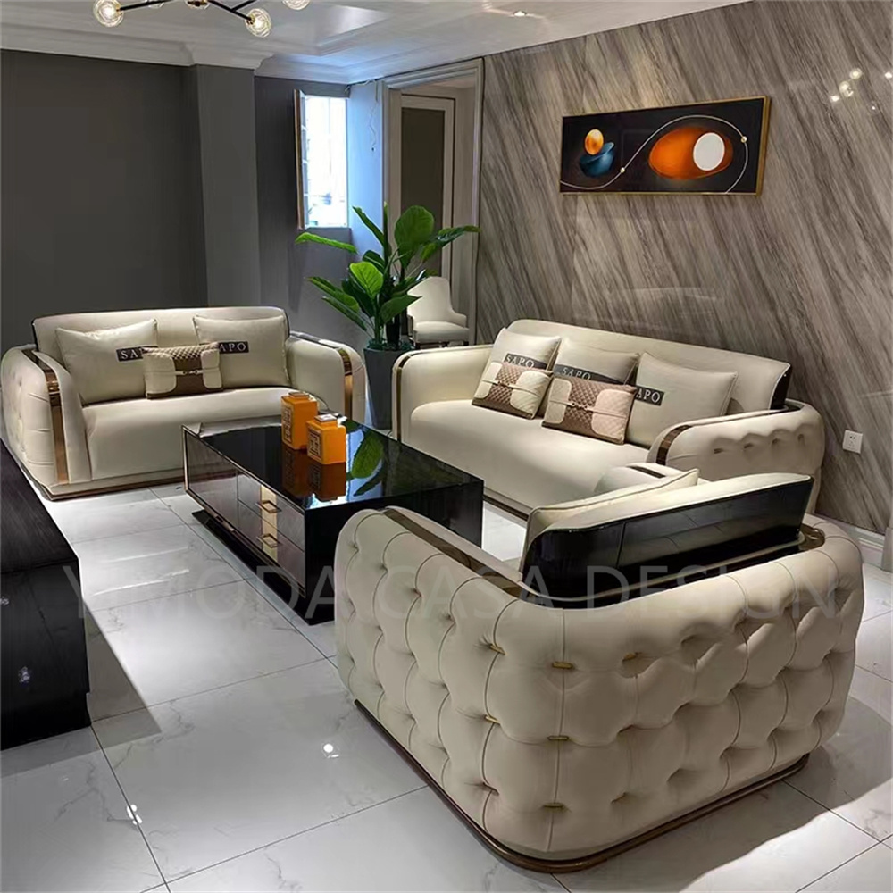 High Quality Luxury Beige Leather Sectional Sofa Set Furniture Italian Modern Solid Wood Frame Tufted Couch Living Room Sofas