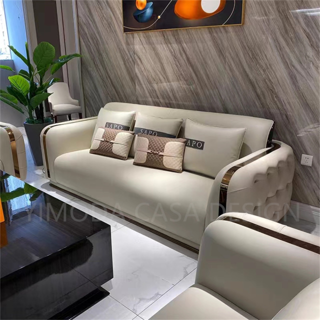 High Quality Luxury Beige Leather Sectional Sofa Set Furniture Italian Modern Solid Wood Frame Tufted Couch Living Room Sofas