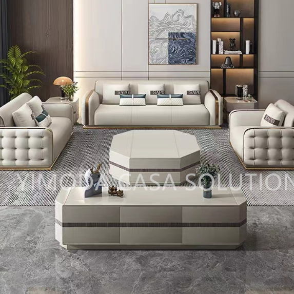 High Quality Luxury Beige Leather Sectional Sofa Set Furniture Italian Modern Solid Wood Frame Tufted Couch Living Room Sofas