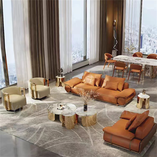 Luxury Living Room Furniture 1123 Orange leather Sofas With Living Room Orange white contrast color Accent chair Sofa Set Furniture
