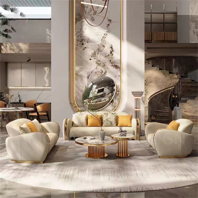Italian Style Modern Villa white Leather Handcrafted couch Luxury Living Room Furniture with white Upholstered Sofa