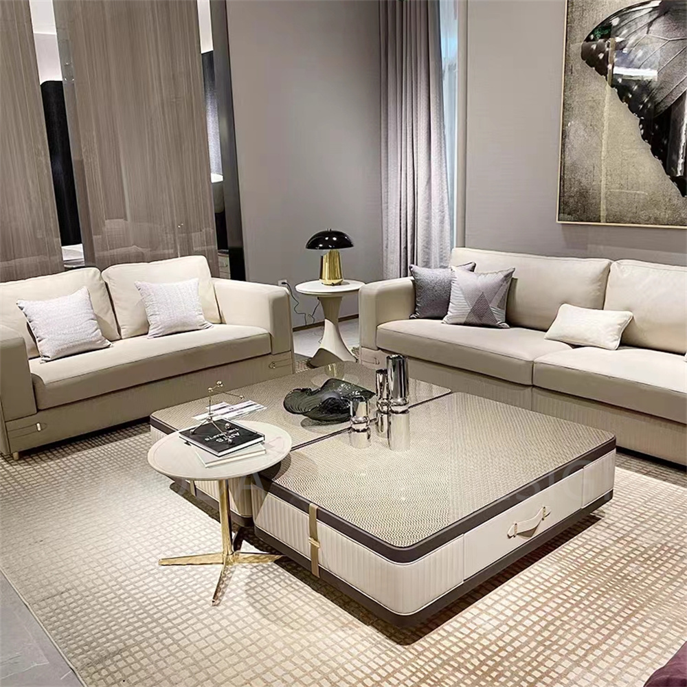 Italian Luxury 1+2+3 Combination Sofa Set Beige Leather with Purple fabric Accent Chair Living Room Lounge For Villa Apartment Home Furniture