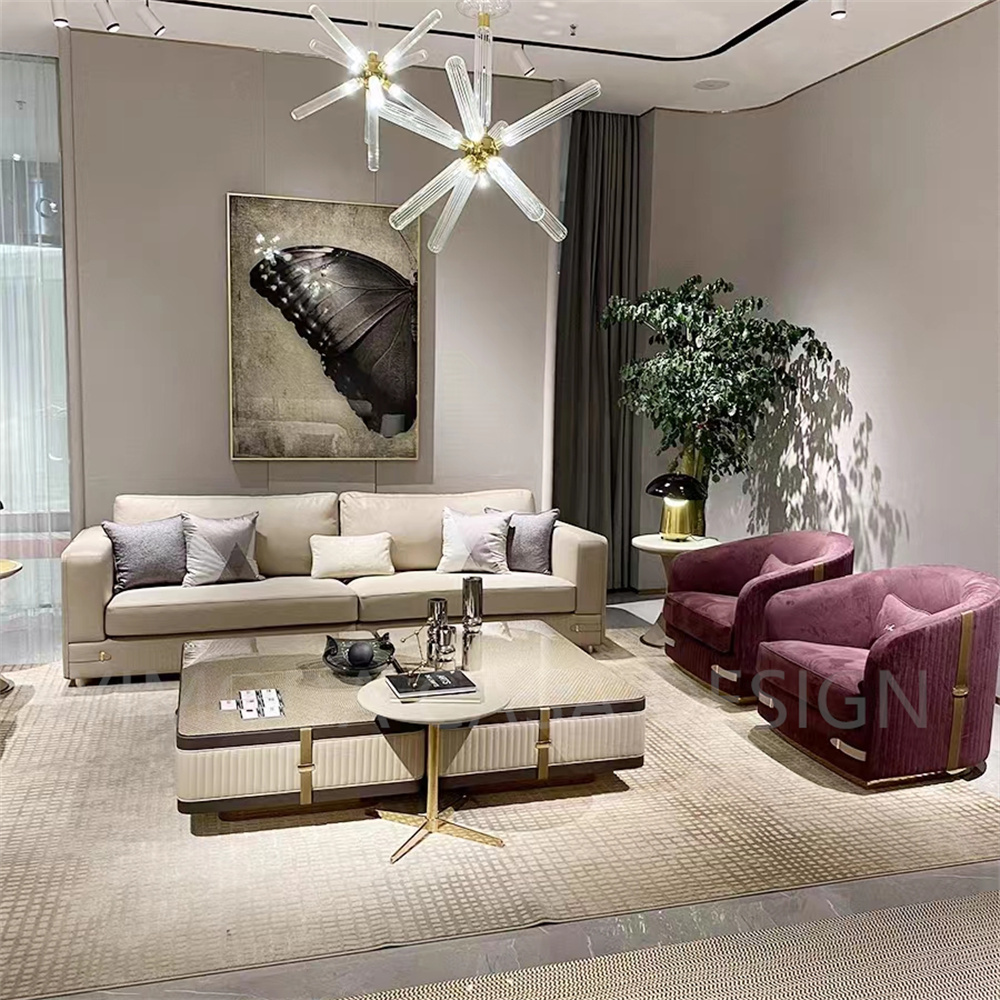 Italian Luxury 1+2+3 Combination Sofa Set Beige Leather with Purple fabric Accent Chair Living Room Lounge For Villa Apartment Home Furniture