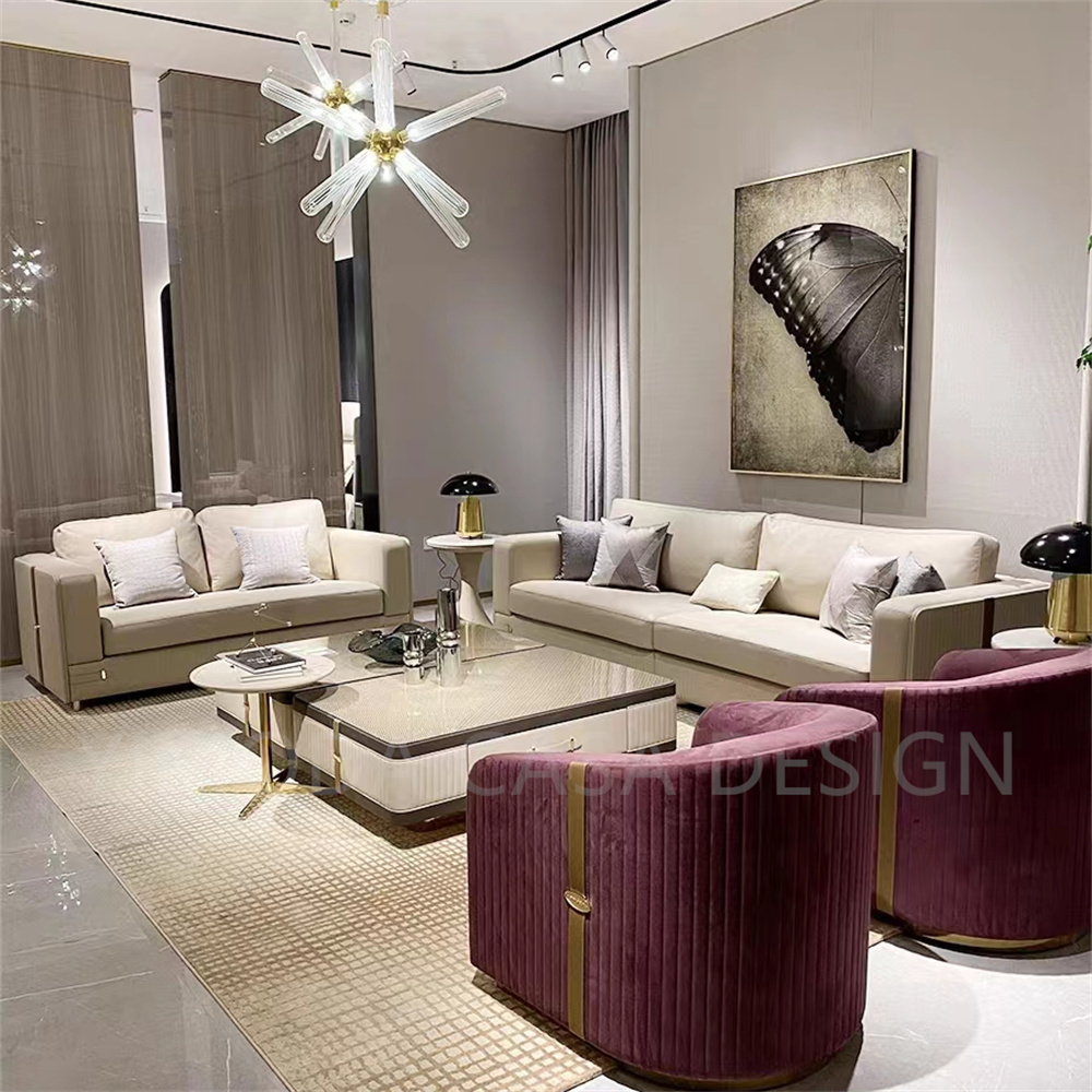 Italian Luxury 1+2+3 Combination Sofa Set Beige Leather with Purple fabric Accent Chair Living Room Lounge For Villa Apartment Home Furniture
