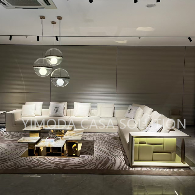 Luxury Modern White Leather Sofa, Elegant led sofa Style White Upholstery L shaped sectional sofa Living Room Furniture