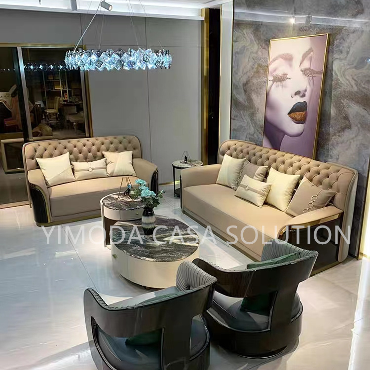 New Modern Living Room High-End Villa Complete Large Family Pull Button Beige leather highback sofa Light Luxury 1123seater Leather Sofa