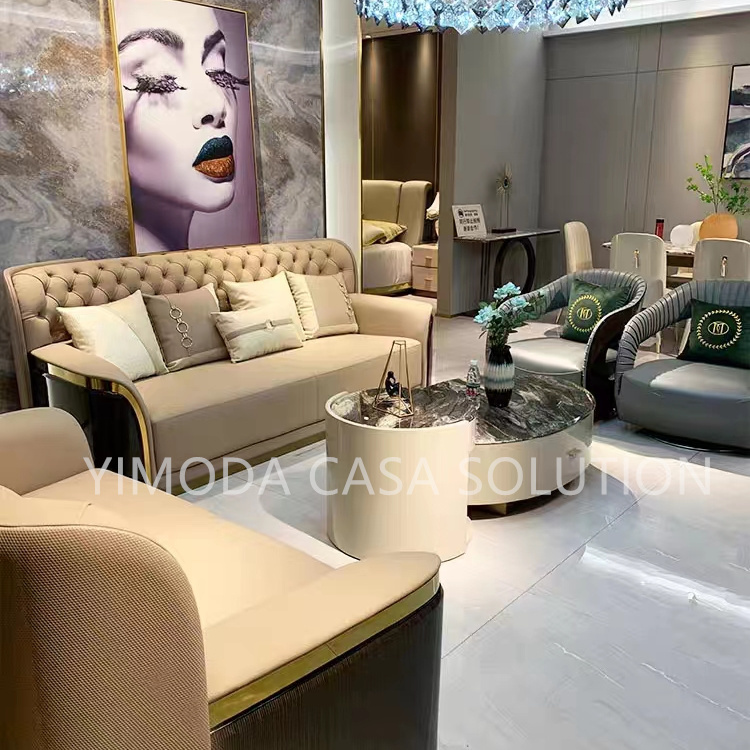 New Modern Living Room High-End Villa Complete Large Family Pull Button Beige leather highback sofa Light Luxury 1123seater Leather Sofa