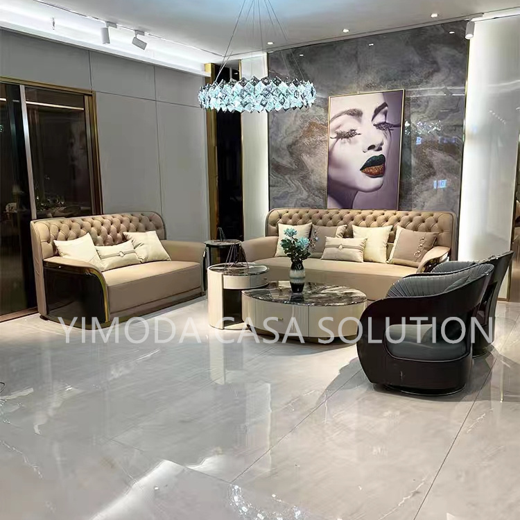New Modern Living Room High-End Villa Complete Large Family Pull Button Beige leather highback sofa Light Luxury 1123seater Leather Sofa