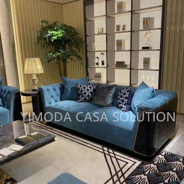 Italian Design Modern Luxury Sofa Soft Blue Fabric Upholstered Modular Sectional Three-seater Sofa