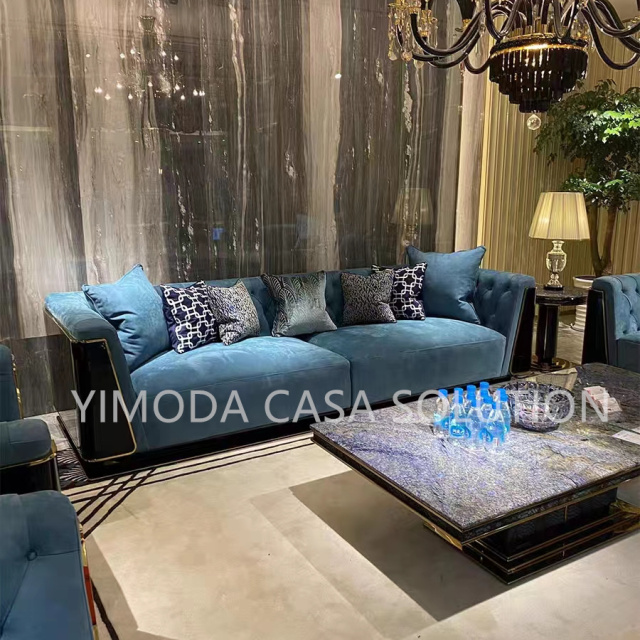 Italian Design Modern Luxury Sofa Soft Blue Fabric Upholstered Modular Sectional Three-seater Sofa