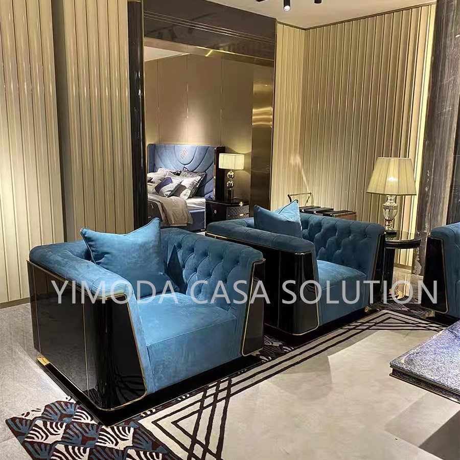 Italian Design Modern Luxury Sofa Soft Blue Fabric Upholstered Modular Sectional Three-seater Sofa