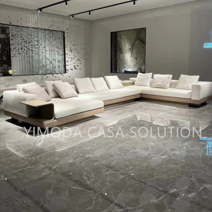 High Quality Modern simple Beige Leather white linen fabric upholstery Luxury Living Room L shape sectional Villa Sofa Modern Italian Luxury Villa Sofa