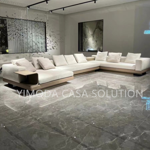 High Quality Modern simple Beige Leather white linen fabric upholstery Luxury Living Room L shape sectional Villa Sofa Modern Italian Luxury Villa Sofa
