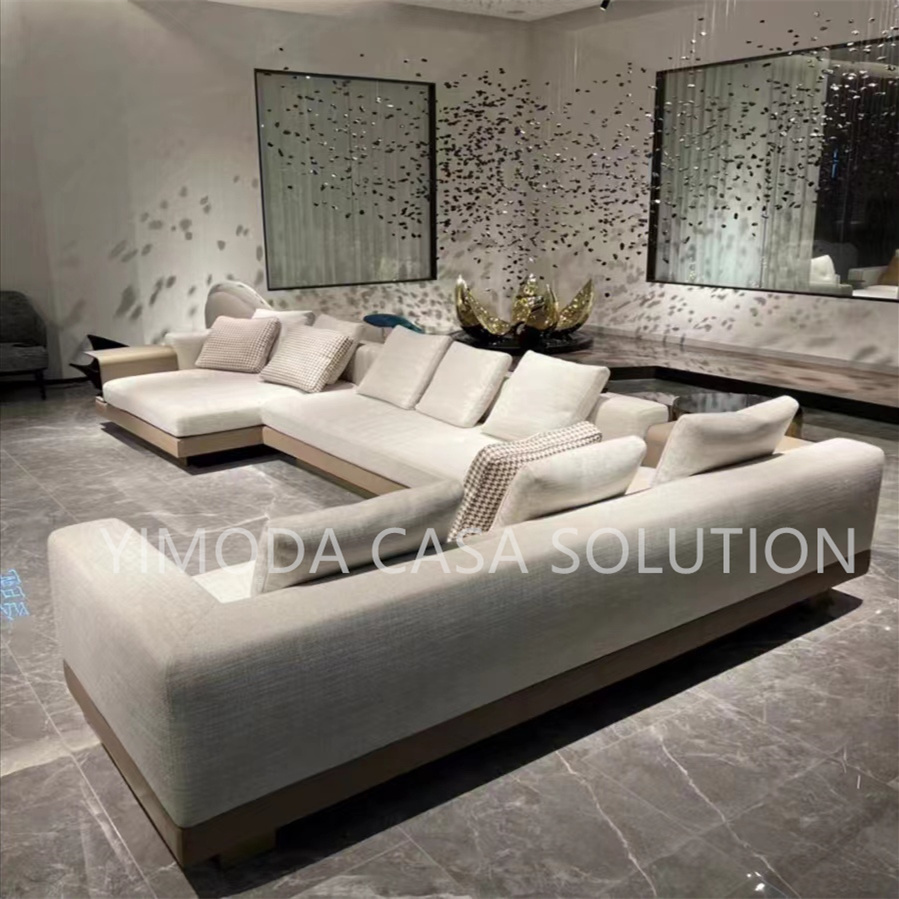 High Quality Modern simple Beige Leather white linen fabric upholstery Luxury Living Room L shape sectional Villa Sofa Modern Italian Luxury Villa Sofa