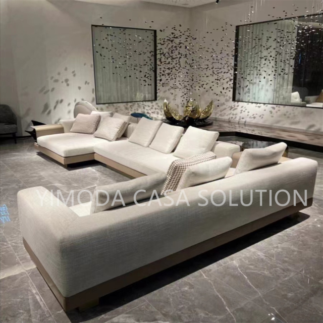 High Quality Modern simple Beige Leather white linen fabric upholstery Luxury Living Room L shape sectional Villa Sofa Modern Italian Luxury Villa Sofa