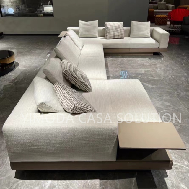 High Quality Modern simple Beige Leather white linen fabric upholstery Luxury Living Room L shape sectional Villa Sofa Modern Italian Luxury Villa Sofa