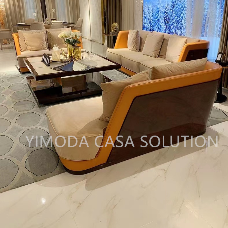 Customized Luxury Design Brown wood veneer beige Velvet Fabric sofa  Villa Living Room Sofa, Modern Luxury Living Room 1123 Sofa Set Furniture