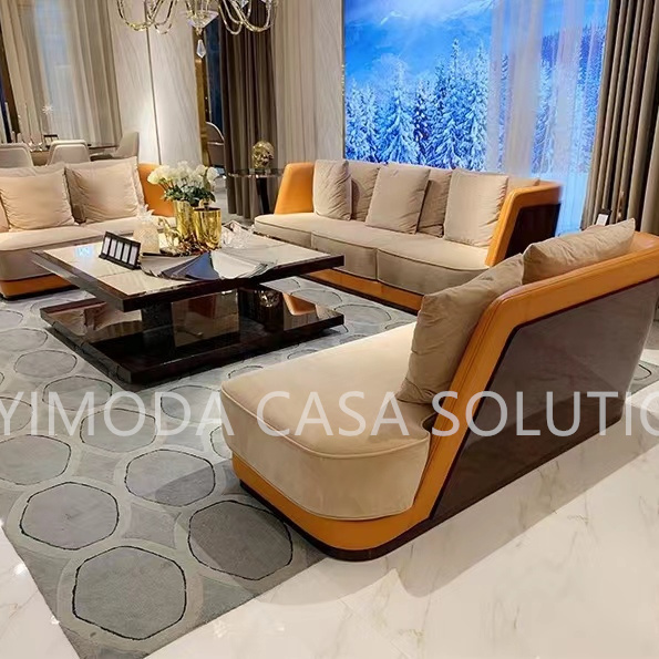 Customized Luxury Design Brown wood veneer beige Velvet Fabric sofa  Villa Living Room Sofa, Modern Luxury Living Room 1123 Sofa Set Furniture